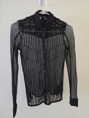 GUESS Black Sheer Mesh Button-Up Blouse